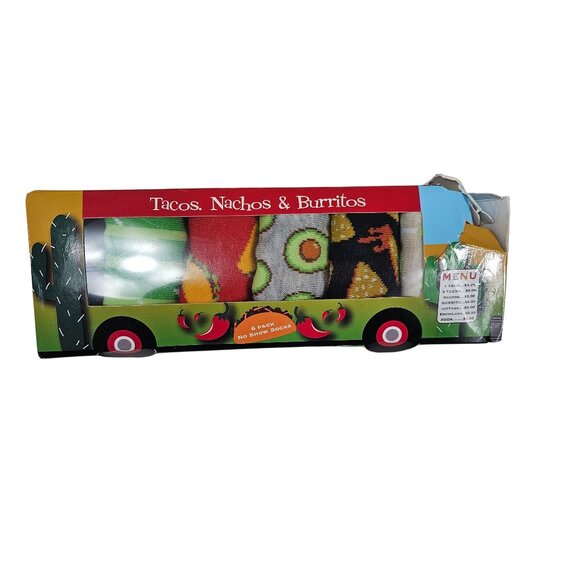 Tacos Nachos Burritos No Show Socks 6-Pack, Sz 10-13 (Fits 6.5-12) - Picture 2 of 3